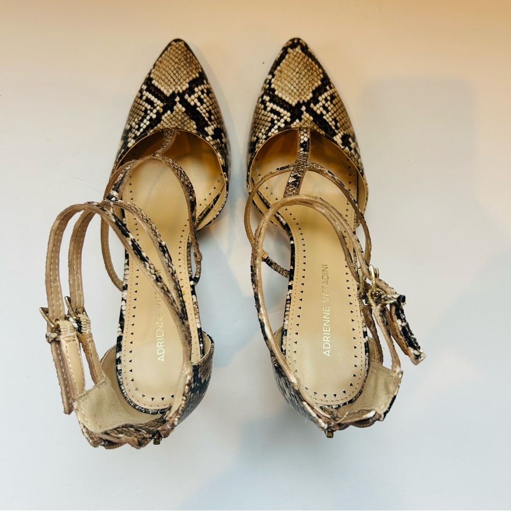 Adrienne Vittadini Leather Black and Tan Animal Print Chunky Heels Size 8.5
